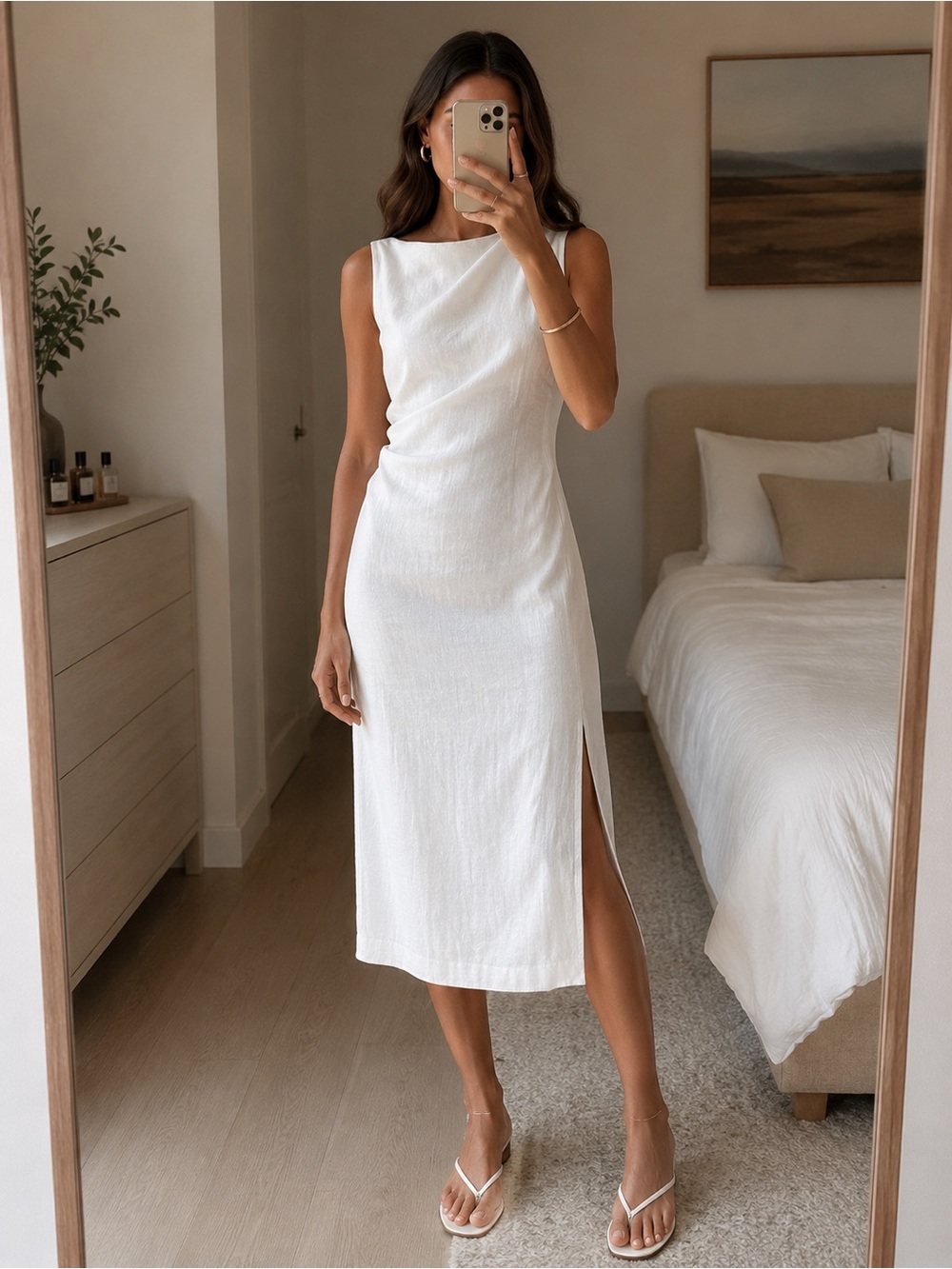 Theory Minimalist Sheath Midi Dress Sleeveless Drape Ivory Size 6